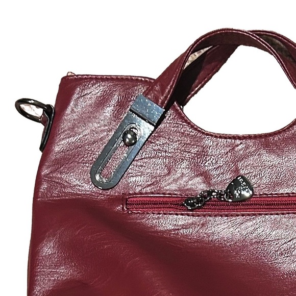 NWOT Jingpin Burgundy Red Faux Leather Handbag Silver Hardware Maroon Purse - Picture 4 of 10